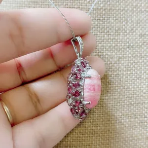 Sterling Silver 925 Oval Rhodochrosite + Rhodolite Pendant Necklace 20" Chain thumbnail 3