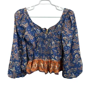 House of Harlow 1960 Peplum Top Women‎ S Blue Floral Lace-Up Boho Puff Sleeve thumbnail 8
