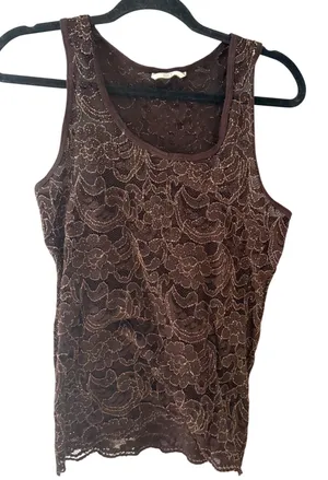 BKE Y2k Brown Gold Metallic‎ Floral Lace Racerback Tank Top Sheer Sleeveless thumbnail 1