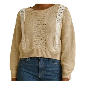 Miss Me Crochet Lace Sweater Large Beige White Boho Knit Pullover Great fall top thumbnail 1