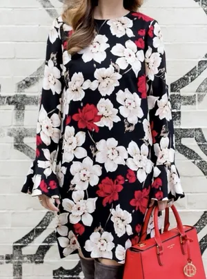 CeCe Womens Floral Mini Dress Size 12 Black Beige Red Long Bell Sleeve Lined thumbnail 1