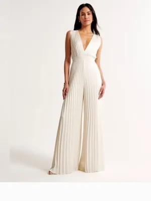 NEW $140 ABERCROMBIE & FITCH Giselle Pleated Jumpsuit In White Satin Silky thumbnail 2