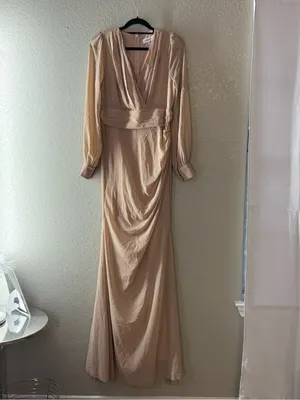 Faeriesty Champagne Ruched V Neck Long Sleeve Mermaid Formal Gown Size XL thumbnail 8