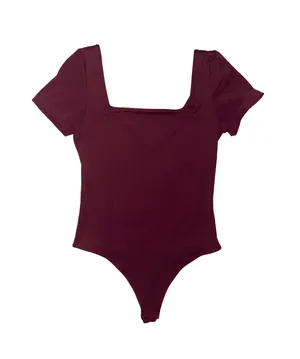 Square Neck Short Sleeve Thong Bodysuit - Wine 🍷 (Color) thumbnail 3