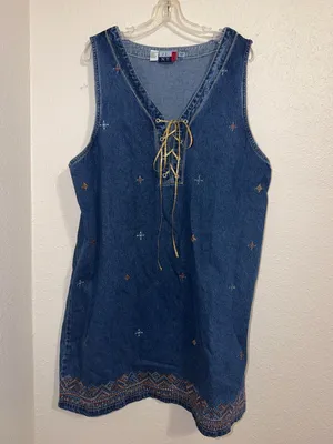 Vintage Jean dress embroidered Aztec designs geometric Denim Jumper cottagecore thumbnail 2