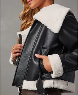 Vici Black Leather Sherpa Jacket  thumbnail 3