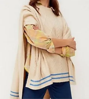 Free People Cream Harbour Stripe Cable knit Poncho Sweater Sz O/S NWT thumbnail 1