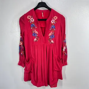 Free People‎ Mia Embroidered Mini Dress Large Red Floral Boho Gauzy Flawy thumbnail 3