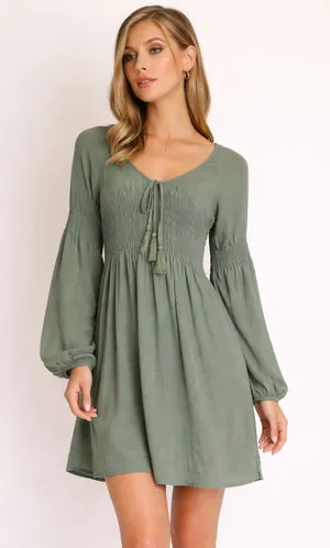 Umgee USA Baby Doll‎ Boho Peasant Dress Olive Women's Small thumbnail 1