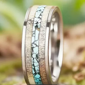 Men’s 8mm Stainless Steel Silver Deer Horn w/ Crushed Turquoise Inlay Band S 13 thumbnail 2