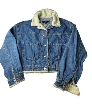 FOREVER 21 Denim Sherpa-Lined Jacket in Blue and Cream Sz S thumbnail 1