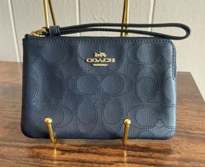 A Nice Coach Corner Zip Wristlet Signature Perforated Leather Midnight Navy Blue thumbnail 1