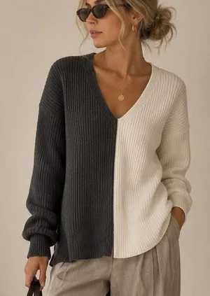 Abercrombie & Fitch V-Neck Colorblock Ribbed Sweater Size S Gray White Minimal thumbnail 1