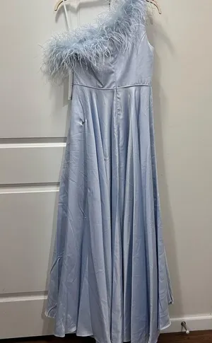 FLAWED NWT Mac Duggal Powder Blue One Shoulder A-Line Feather Gown Size 8 $598 thumbnail 7