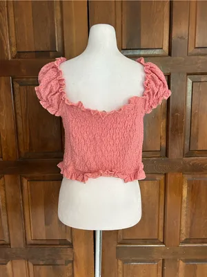 POL In Fair Verona Button Up Crop Top Pink‎ Eyelet Ruffle Cap Sleeve Small thumbnail 5