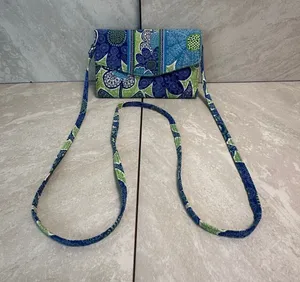 Vera Bradley retired blue green 'Doodle Daisy' quilted flap wallet crossbody bag thumbnail 1