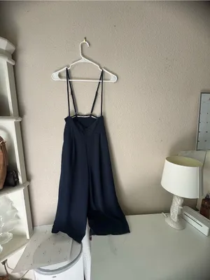 Smocked Bodice Wide-Leg Jumpsuit in Navy thumbnail 4