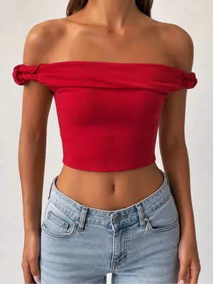 Peppermayo Red Off Shoulder Crop Top Knotted Strap Going Out Y2K thumbnail 1