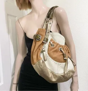B. MAKOWSKY Tan Beige Gold Leather Slouchy Double Handle Shoulder Bag thumbnail 1