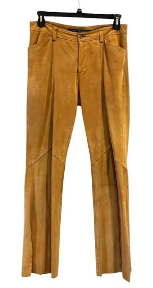 Y2K DKNY Tan Suede Leather Flared Pants Slit Trousers Fall Streetwear Retro thumbnail 1