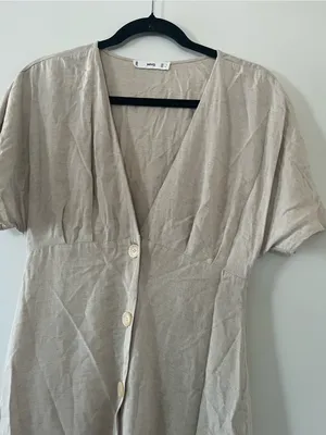 Mango Beige Linen Blend Midi Shirt Dress 4 Button Front Coastal Euro Summer thumbnail 3