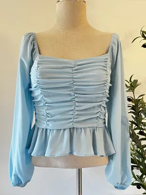 Shinestar Light Blue Smocked Peplum Blouse with Balloon Sleeves thumbnail 1