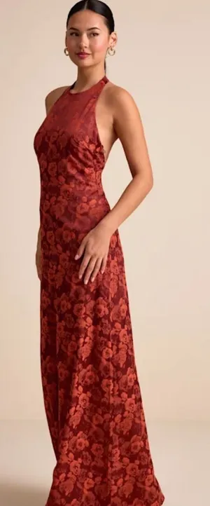 Lulu's Rust Red Floral Halter Maxi Dress thumbnail 1