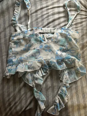 Edikted White and Light Blue Floral Ruffle Crop Top thumbnail 2