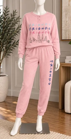 Friends Women Pajama Set Pink Starlight Henley Graphic Joggers Size Medium 8-10 thumbnail 1
