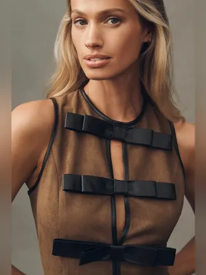 Flat White Faux Suede Bow Trim Sleeveless Mini Dress Brown Womens Small EUC thumbnail 5