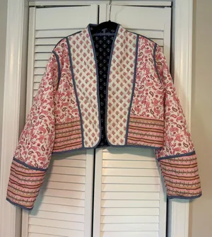 Cropped Pink and Blue Reversable Printed Quilted Jacket thumbnail 1