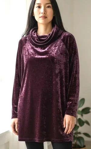 Cabernet Velvet Cowl Neck Top Tunic Burgundy SZ Large Boho Chic Cottage Holiday thumbnail 1