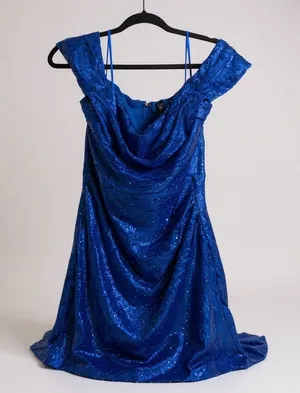 Windsors Blue Sequin Off The‎ Shoulder Bodycon Mini Dress Ruched Party thumbnail 1