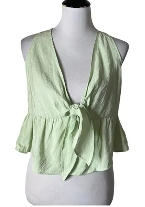 ZARA Tied Peplum Crop Top Womens M Pastel Green Plunging V Neck Festival NEW thumbnail 1