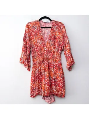 IRO Rhodey Frayed Ruffle Trim Crepe Playsuit 44 Red Romper Floral 12 Loose Fit thumbnail 3
