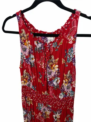 Bila Red Floral Boho Maxi Dress Hankerchief Hem Cottagecore Festival Flowy L thumbnail 5