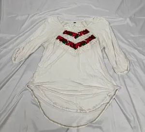 Free People White Embroidered Boho Top Women’s Small Lace Yoke 3/4 Sleeve Hi Low thumbnail 1