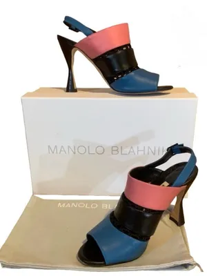 Manolo Blahnik "Aspendum" Black, Blue & Pink Leather W/Mesh Heels (36.5) thumbnail 1