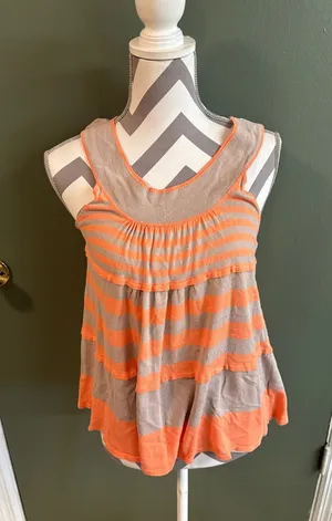 Free People Striped Sleeveless Tank — Coral/Orange and Gray thumbnail 1