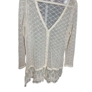 Krazy Kat Ivory Cream Open Knit Long Sleeve Button Front Lace‎ hem Top thumbnail 4