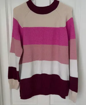 Women’s Striped Crewneck Sweater - Pink Colorblock Pullover Sweater thumbnail 1