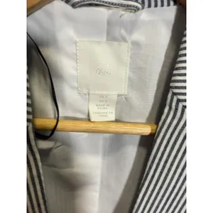 H&M Striped Blazer Women Size 2 Navy Blue White Pinstripe Open Front Business thumbnail 3