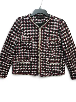Zara Basic Tweed Bouclé Jacket Women’s L Red Black White Gold Trim Blazer thumbnail 3