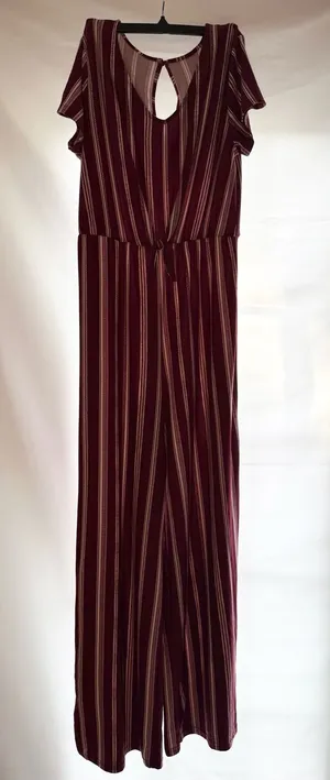 Striped Burgundy Jumpsuit with Keyhole Neck thumbnail 1