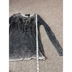 Harley Davidson Skull Wings Gray Acid Wash‎ Long Sleeve Top Womens L Biker thumbnail 5