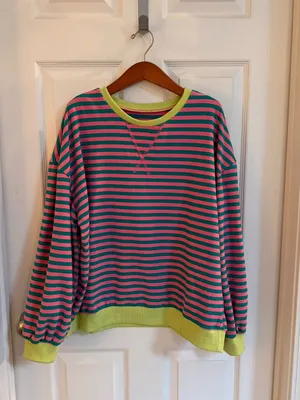 Striped Medium Sweatshirt Pull Over Pink Blue Neon Yellow Green Boho Oversized thumbnail 2