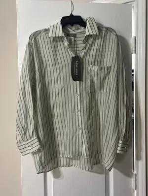 Frame Denim Striped Button-Up Shirt in Light Green and White thumbnail 1