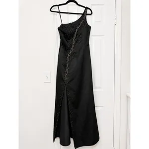 Jovani Asymmetric One Shoulder Black Satin Beaded Prom Evening Gown Slit thumbnail 2