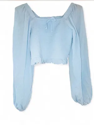 Celebrity Pink Blue Smocked Crop Top Large Cottagecore Balloon Sleeve Peasant thumbnail 3