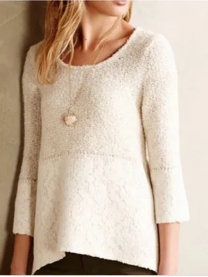 Anthropologie Knitted & Knotted Lace Hem High-Low Knit Sweater Cream Size S thumbnail 1